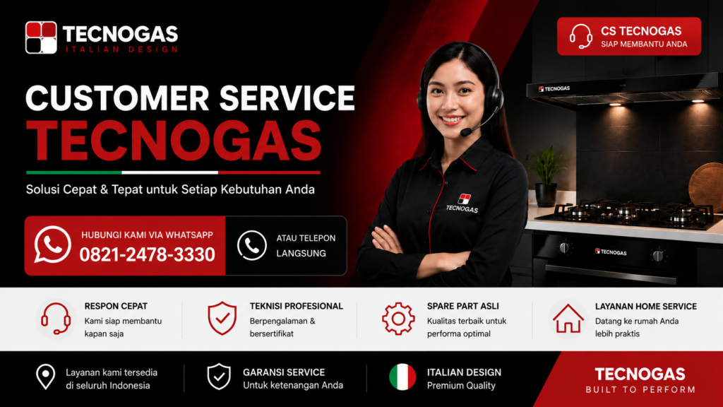Service Kompor Tecnogas Jakarta Selatan melayani home service, perbaikan kompor tanam, burner, pemantik, kebocoran gas, dan penggantian sparepart oleh teknisi berpengalaman.